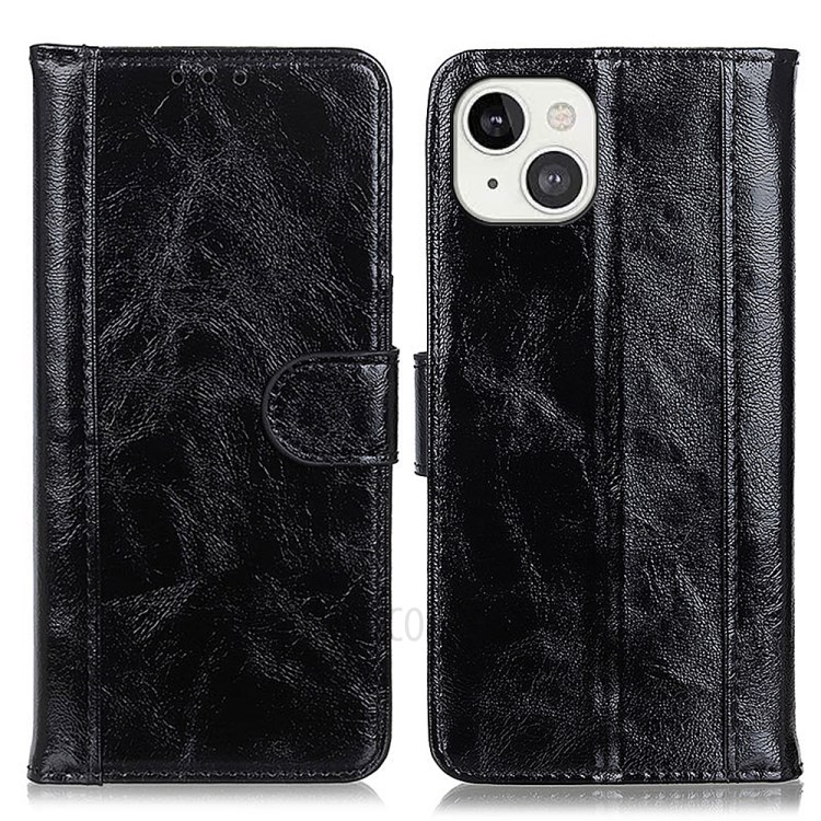 Shockproof Crazy Horse Texture Split Leather Flip Stand Wallet Case Cover for iPhone 13 6.1 inch - Black-1