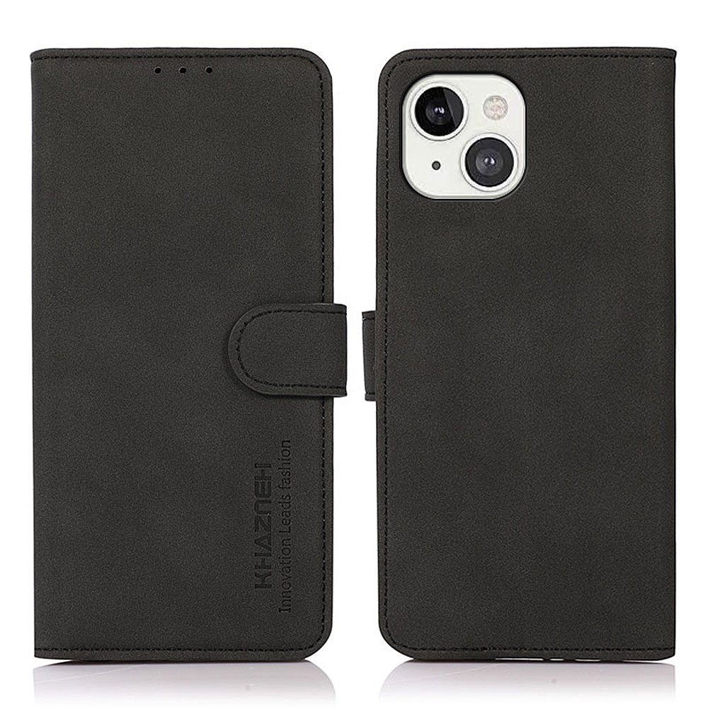 KHAZNEH Lint Texture Anti-Fall PU Leather Folio Flip Cover Shell for iPhone 13 6.1 inch - Black-1