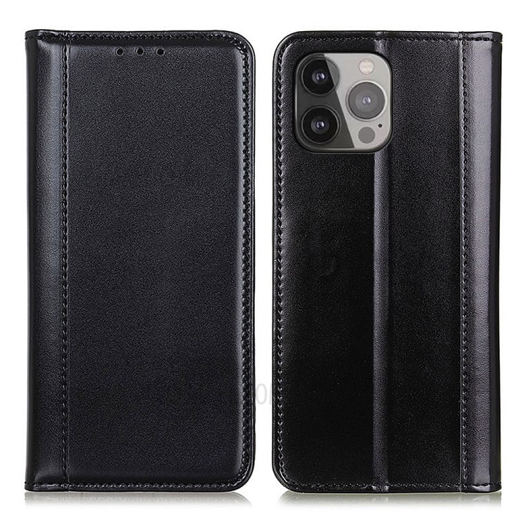 Automatic Suction Pearl Grain Leather Folio Wallet Phone Case for iPhone 13 Pro Max 6.7 inch - Black-1