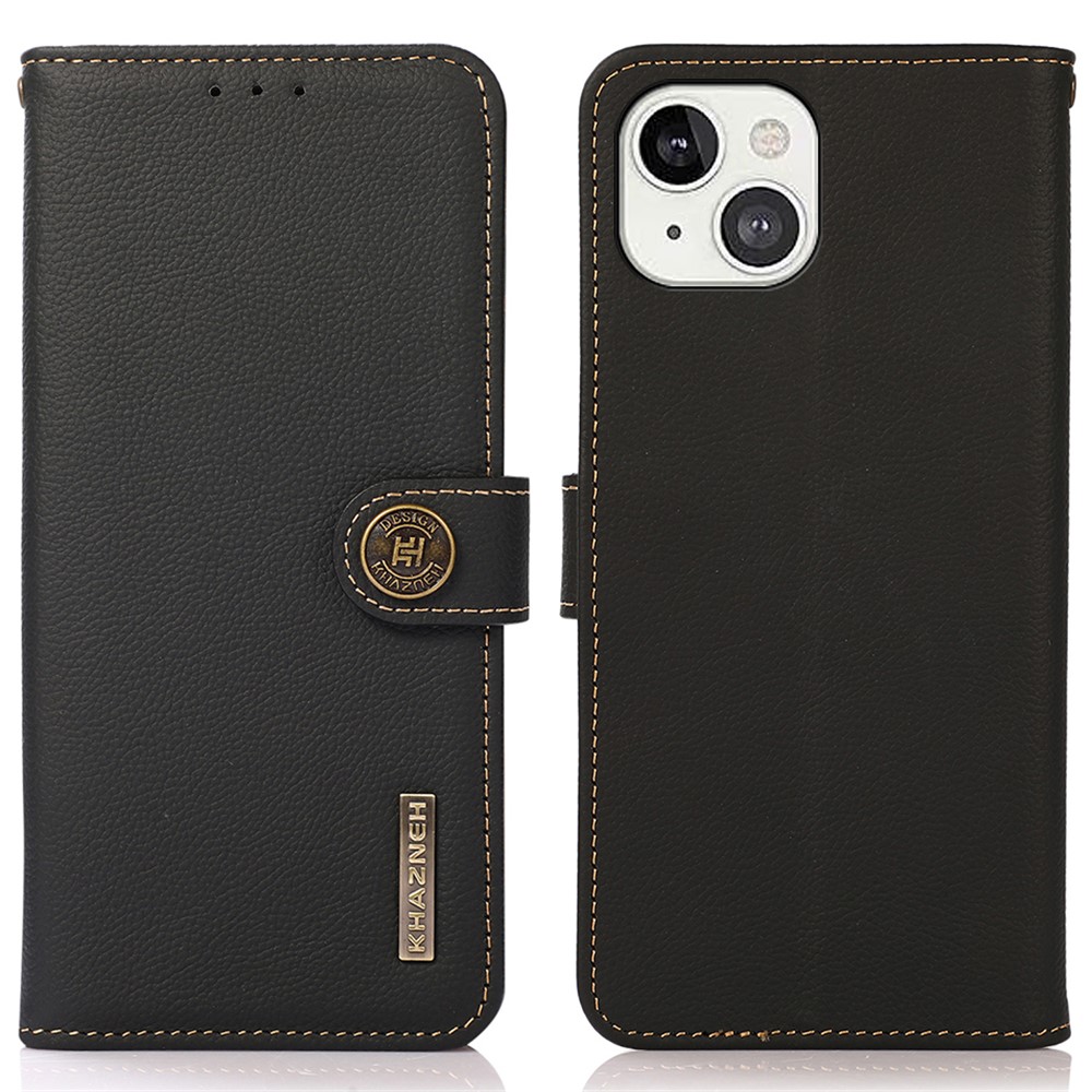 KHAZNEH Genuine Leather Flip Case RFID Anti-Theft Business Wallet Cover for iPhone 13 6.1 inch - Black-1
