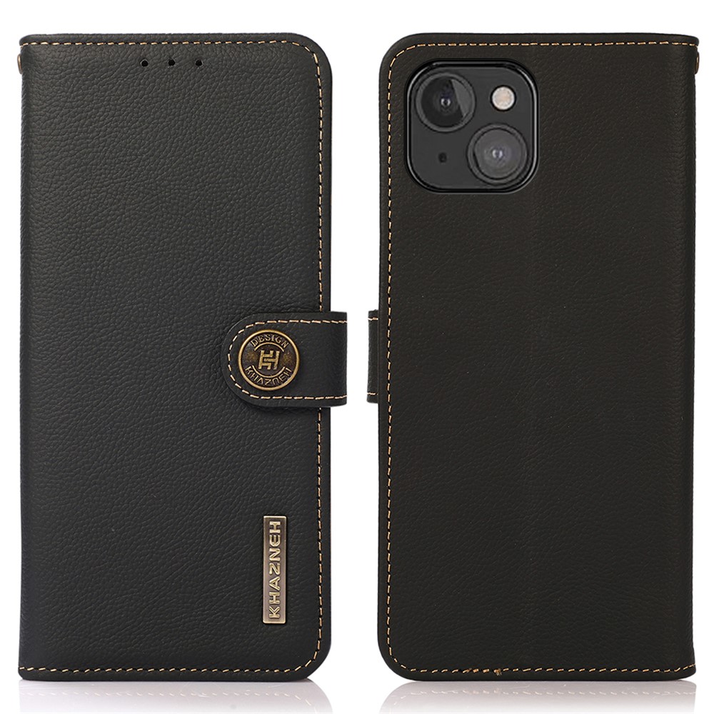 KHAZNEH Genuine Leather RFID Blocking Cover Flip Folio Magnetic Stand Phone Case for iPhone 13 mini 5.4 inch - Black-1