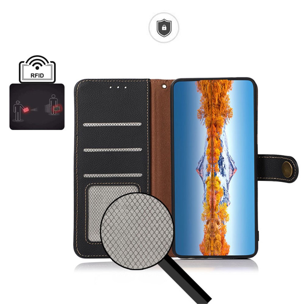 KHAZNEH Genuine Leather RFID Blocking Cover Flip Folio Magnetic Stand Phone Case for iPhone 13 mini 5.4 inch - Black-9