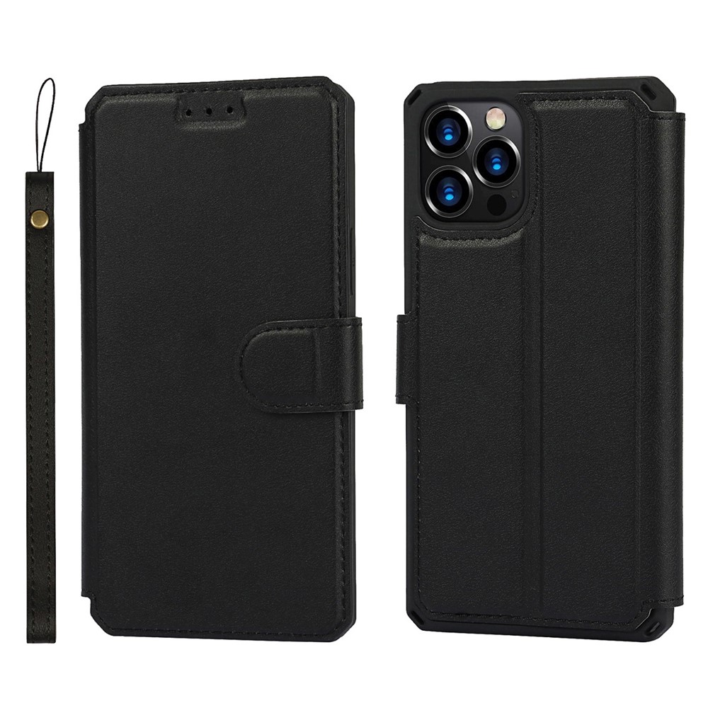 PU Leather Wallet Phone Cover with Wrist Strap for iPhone 12 Pro Max - Black-1