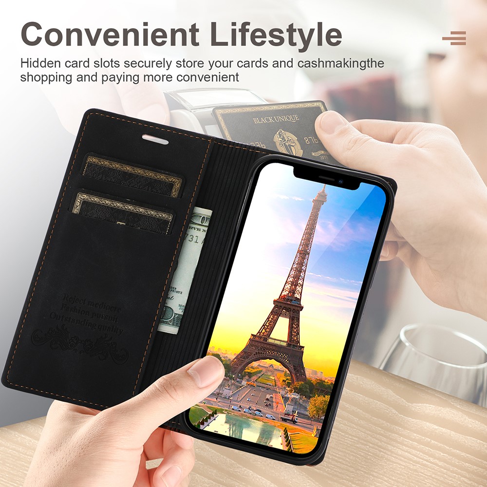 Auto-absorbed Folio Flip PU Leather Wallet Stand Phone Cover Shell for iPhone 12 / 12 Pro 6.1 inch - Black-11