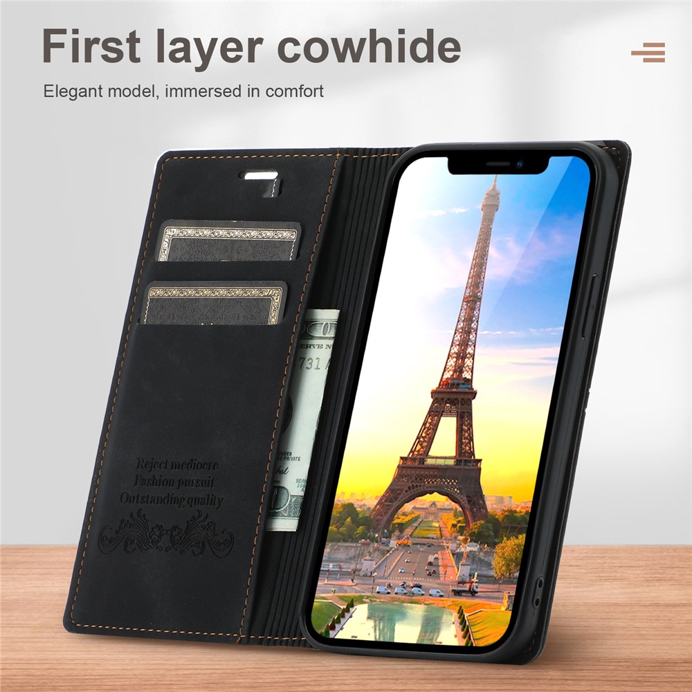 Auto-absorbed Folio Flip PU Leather Wallet Stand Phone Cover Shell for iPhone 12 / 12 Pro 6.1 inch - Black-12