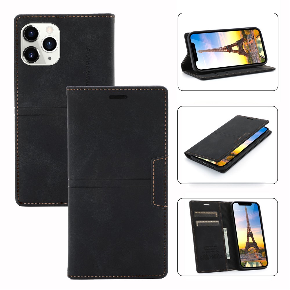 Auto-absorbed Folio Flip PU Leather Wallet Stand Phone Cover Shell for iPhone 12 / 12 Pro 6.1 inch - Black-14