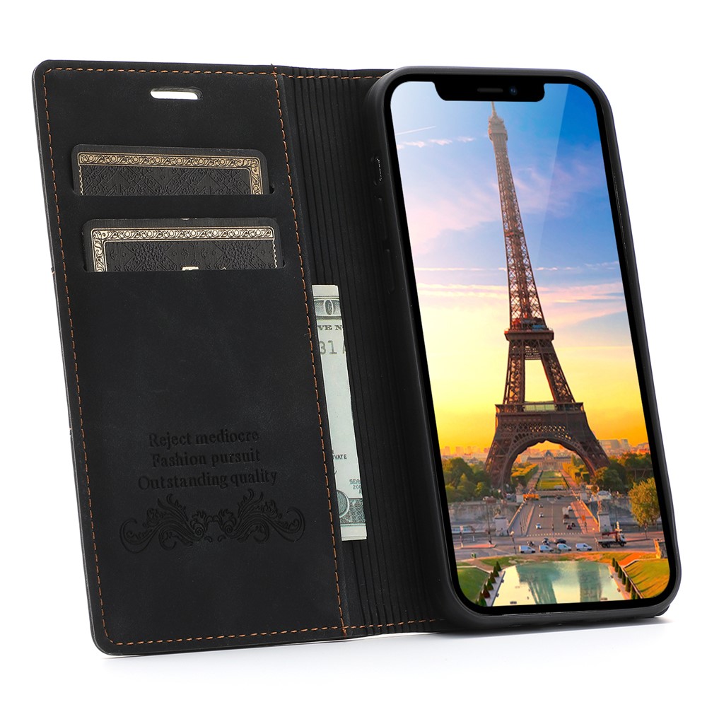 Auto-absorbed Folio Flip PU Leather Wallet Stand Phone Cover Shell for iPhone 12 / 12 Pro 6.1 inch - Black-4