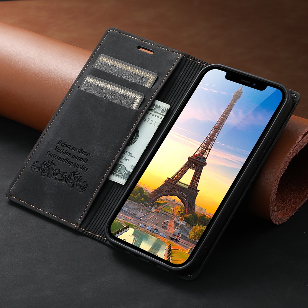 Auto-absorbed Folio Flip PU Leather Wallet Stand Phone Cover Shell for iPhone 12 / 12 Pro 6.1 inch - Black-9