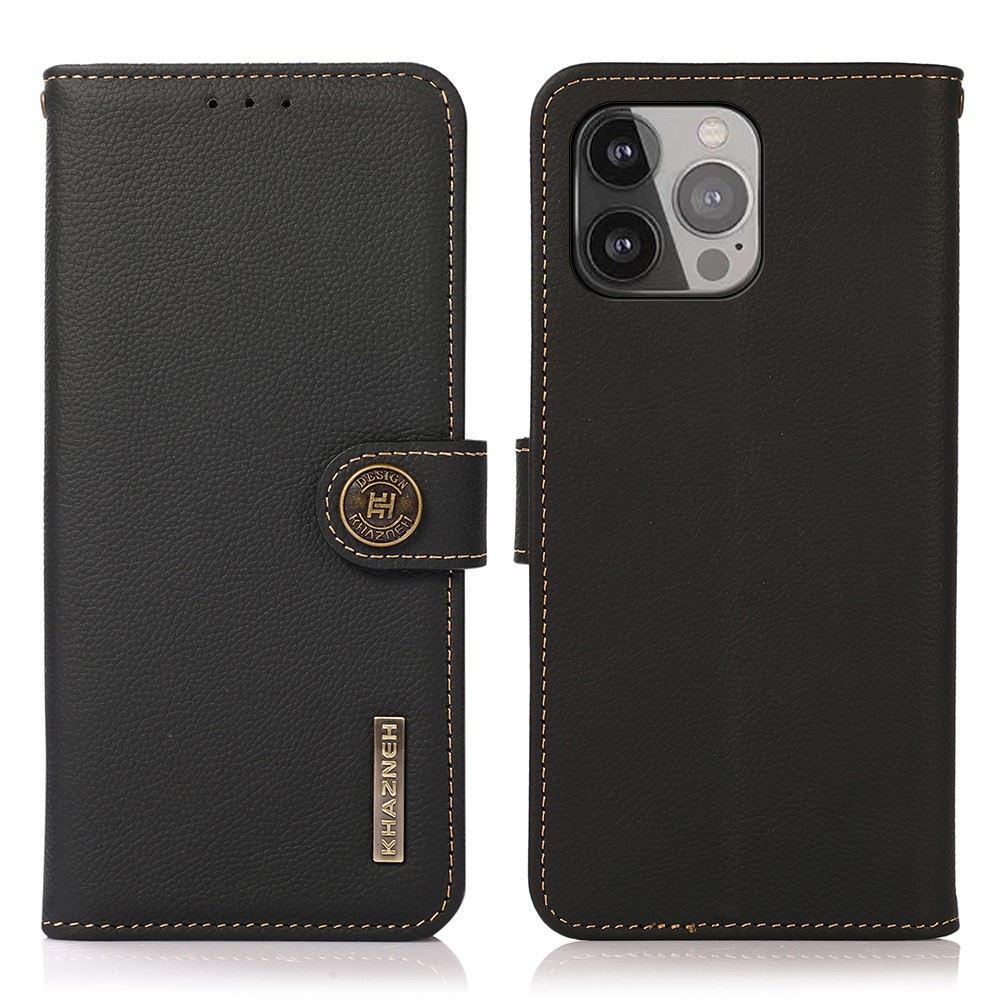 KHAZNEH Anti-theft Swiping Design Genuine Leather Wallet Stand Phone Case Shell for iPhone 13 Pro Max 6.7 inch - Black-1