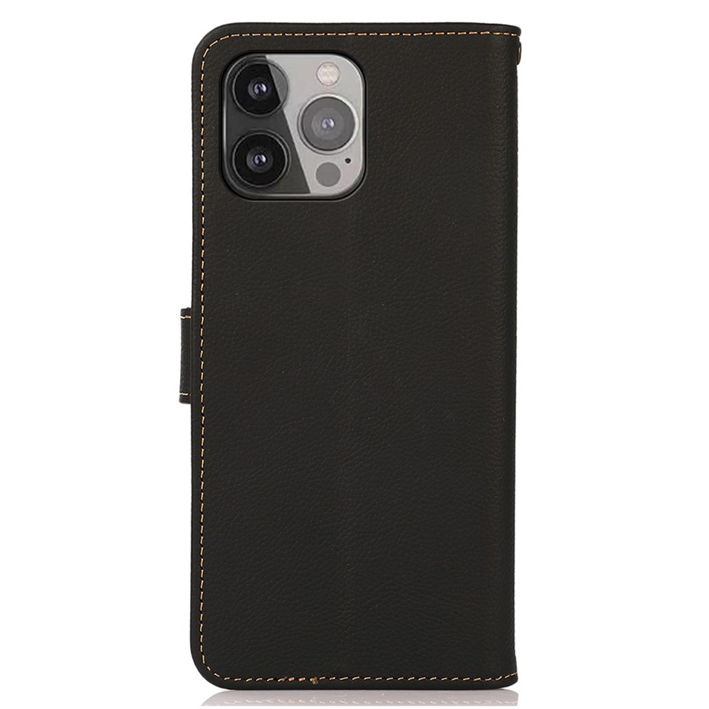 KHAZNEH Anti-theft Swiping Design Genuine Leather Wallet Stand Phone Case Shell for iPhone 13 Pro Max 6.7 inch - Black-3