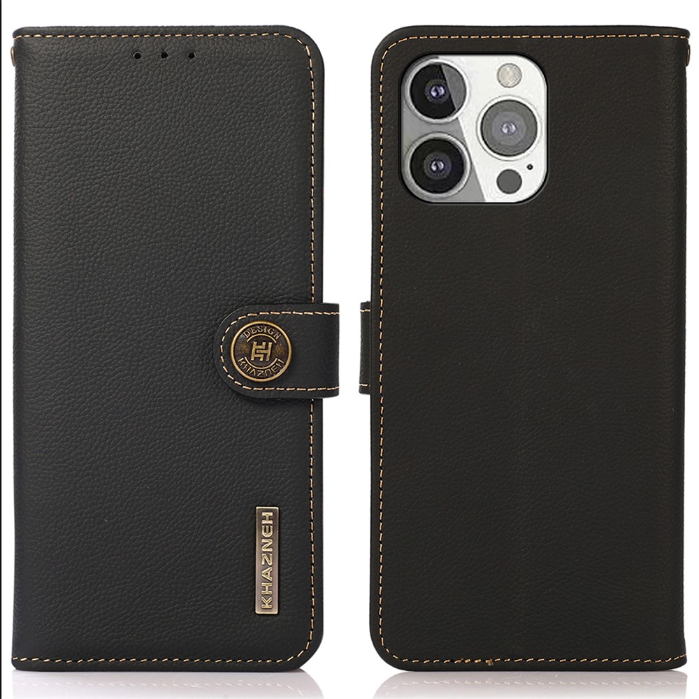 KHAZNEH Genuine Leather Anti-theft Swiping Design Wallet Phone Case Stand Shell for iPhone 13 Pro 6.1 inch - Black-1
