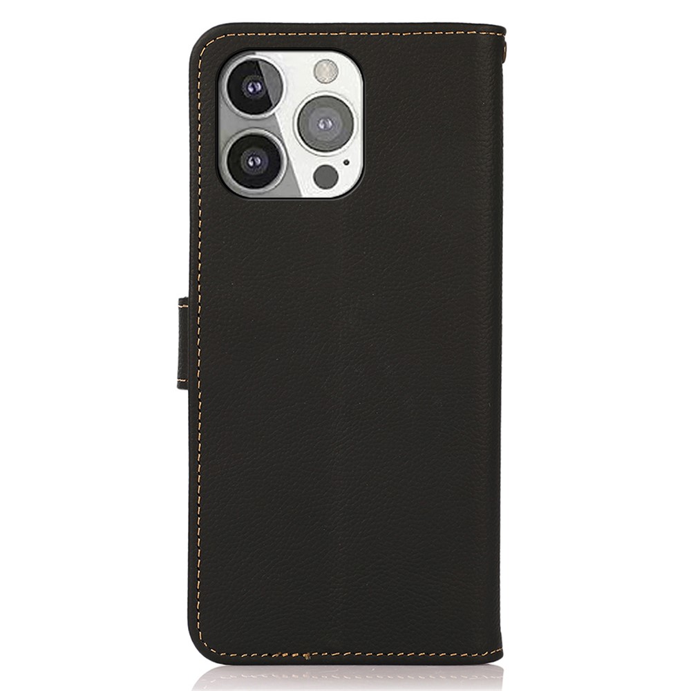 KHAZNEH Genuine Leather Anti-theft Swiping Design Wallet Phone Case Stand Shell for iPhone 13 Pro 6.1 inch - Black-3