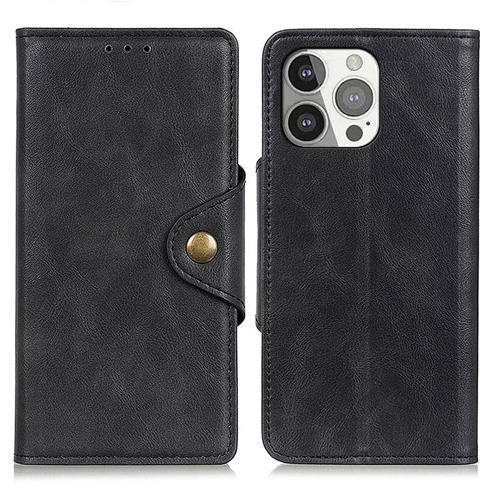 Magnetic Brass Buckle Leather Wallet Phone Case Cover for iPhone 13 Pro 6.1 inch - Black-1