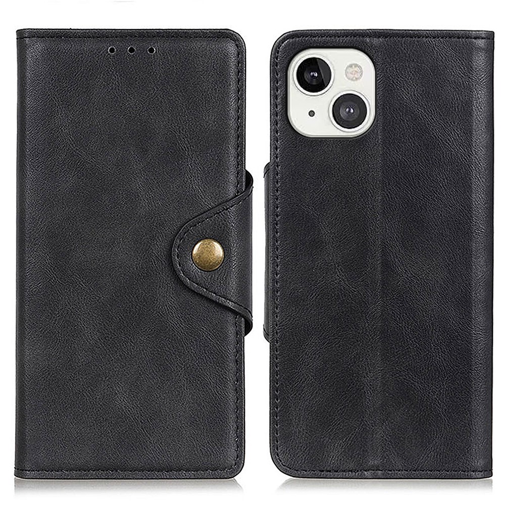Leather Wallet Stand Phone Case with Magnetic Brass Buckle for iPhone 13 mini 5.4 inch - Black-1
