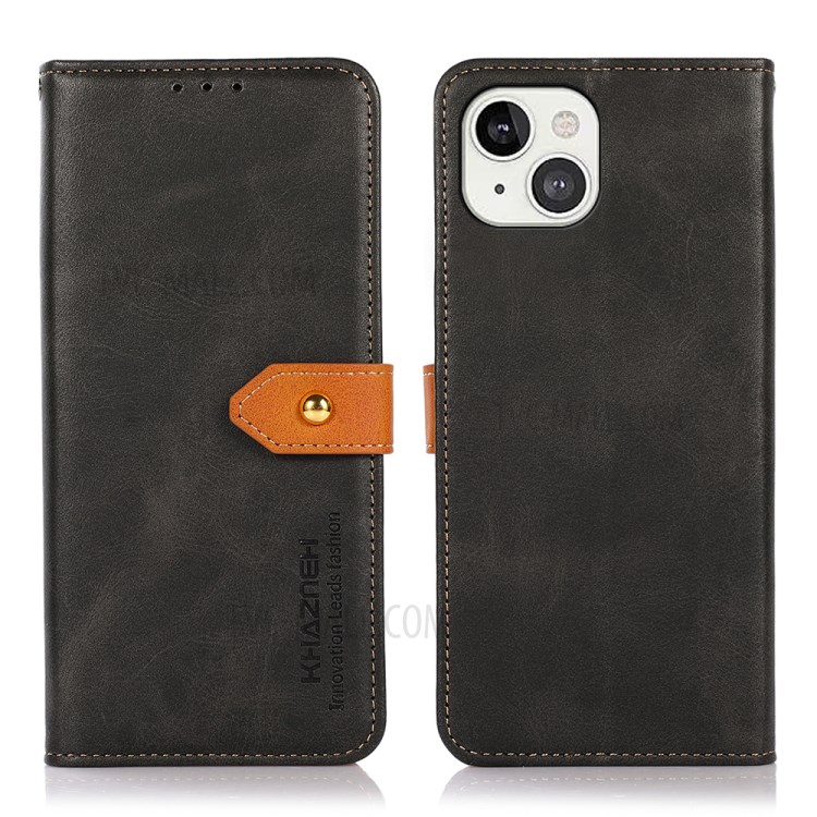KHAZNEH Golden Magnetic Clasp Design Wallet Leather Phone Stand Case Shell for iPhone 13 mini 5.4 inch - Black-1