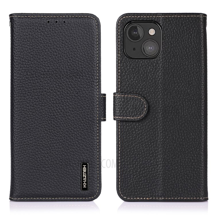 KHAZNEH Litchi Texture Top Layer Genuine Leather Cover Wallet Stand Phone Case for iPhone 13 mini 5.4 inch - Black-1