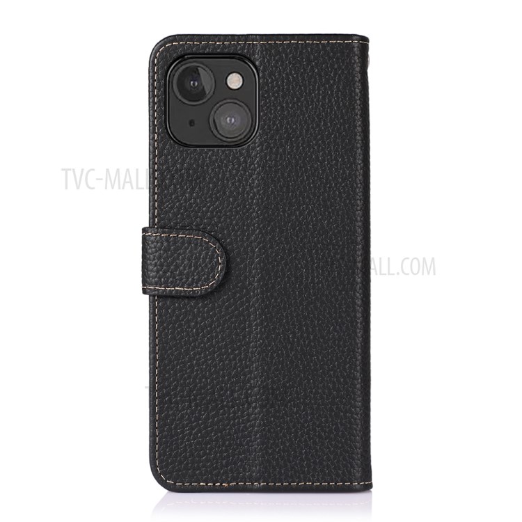 KHAZNEH Litchi Texture Top Layer Genuine Leather Cover Wallet Stand Phone Case for iPhone 13 mini 5.4 inch - Black-3