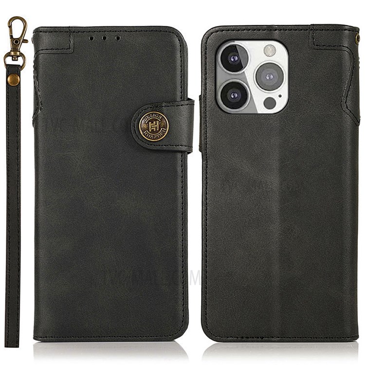 KHAZNEH Shockproof Leather Wallet Stand Design Folio Flip Phone Case Shell with Strap for iPhone 13 Pro 6.1 inch - Black-1