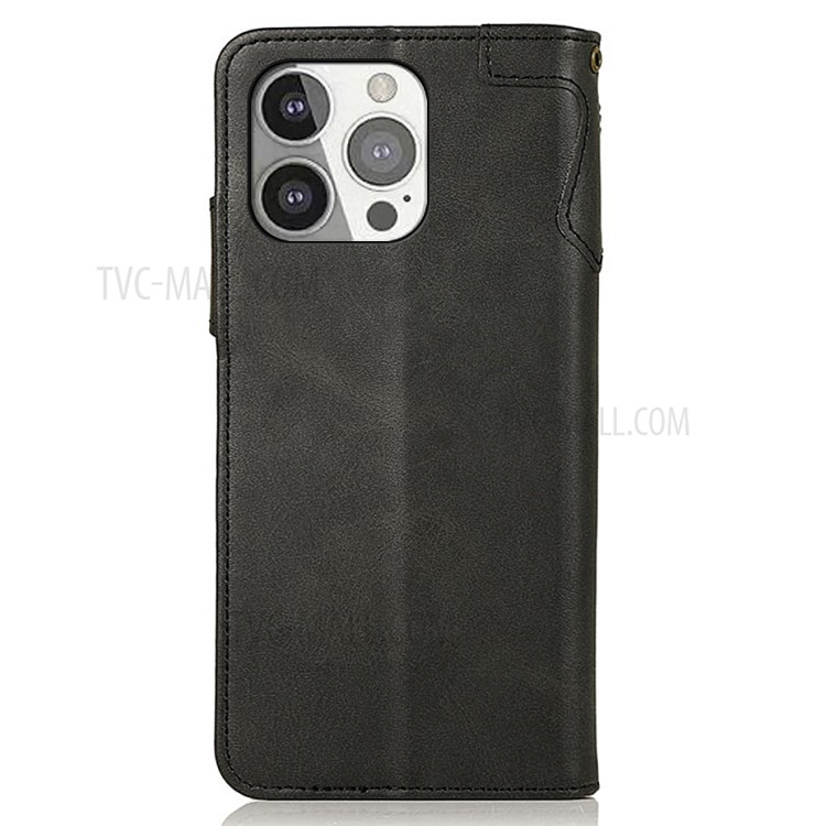 KHAZNEH Shockproof Leather Wallet Stand Design Folio Flip Phone Case Shell with Strap for iPhone 13 Pro 6.1 inch - Black-3