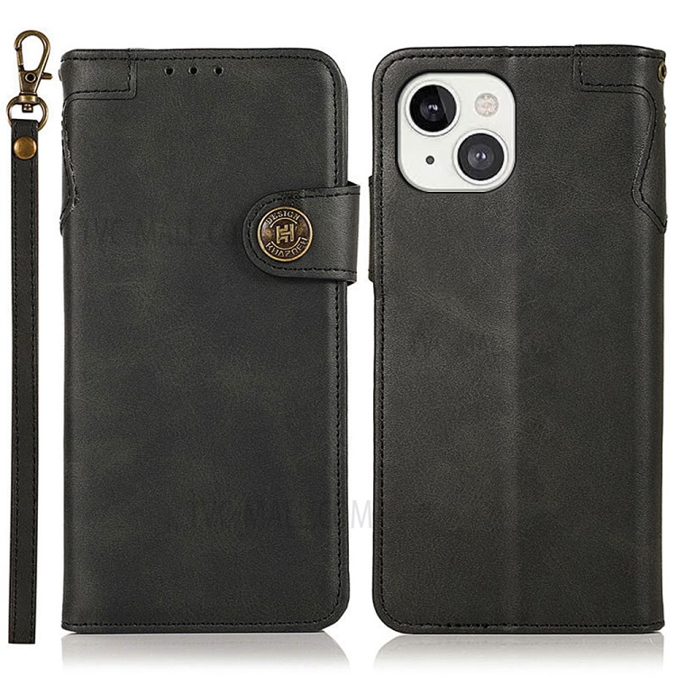 KHAZNEH Magnetic Clasp Leather Wallet Phone Stand Case Shell with Wrist Strap for iPhone 13 6.1 inch - Black-1