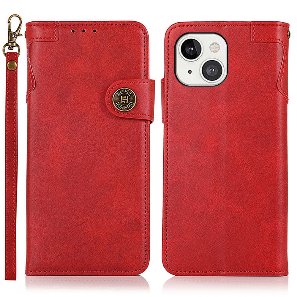 KHAZNEH Magnetic Clasp Leather Wallet Phone Stand Case Shell with Wrist Strap for iPhone 13 6.1 inch - Red-1