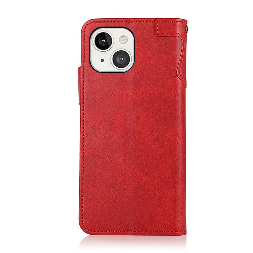 KHAZNEH Magnetic Clasp Leather Wallet Phone Stand Case Shell with Wrist Strap for iPhone 13 6.1 inch - Red-3