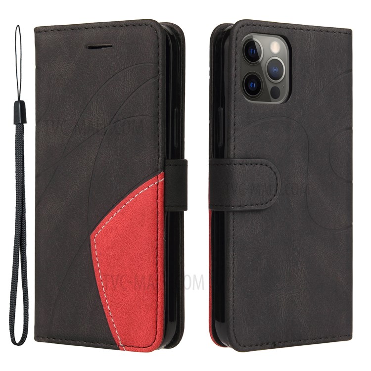 Bi-colour Splicing Style Stand Wallet Leather Phone Case with Strap for iPhone 12 Pro Max 6.7 inch - Black-1