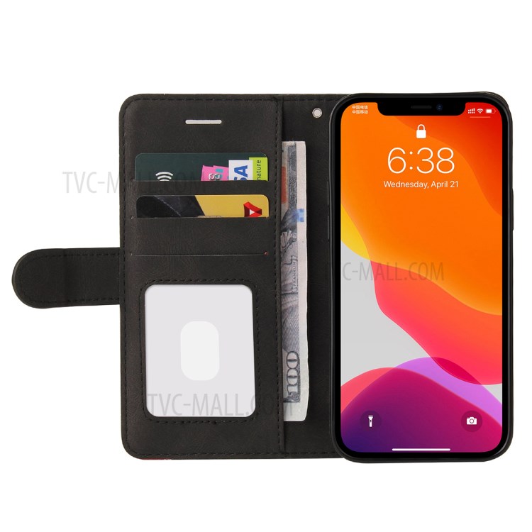 Bi-colour Splicing Style Stand Wallet Leather Phone Case with Strap for iPhone 12 Pro Max 6.7 inch - Black-4