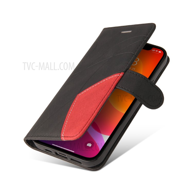 Bi-colour Splicing Style Stand Wallet Leather Phone Case with Strap for iPhone 12 Pro Max 6.7 inch - Black-7