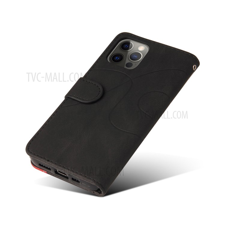 Bi-colour Splicing Style Stand Wallet Leather Phone Case with Strap for iPhone 12 Pro Max 6.7 inch - Black-8