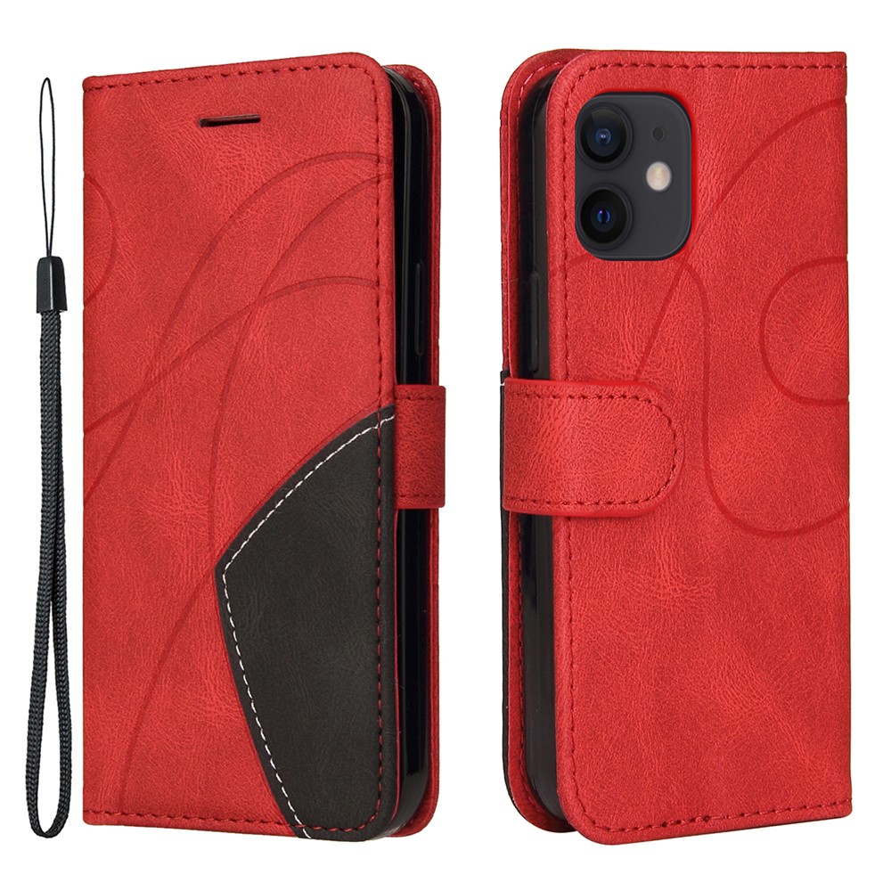 For iPhone 12 mini 5.4 inch Leather Case Wallet Stand Color Splicing Phone Cover - Red