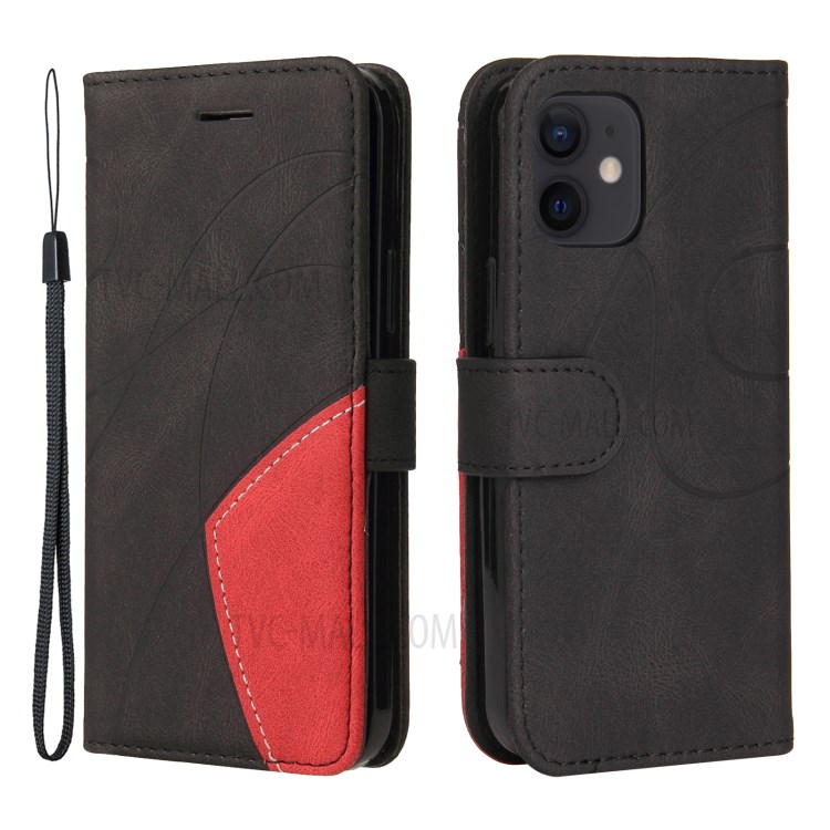 Bi-colour Splicing Style Stand Leather Wallet Case Cover for iPhone 12 Pro - Black-1