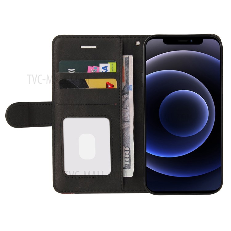 Bi-colour Splicing Style Stand Leather Wallet Case Cover for iPhone 12 Pro - Black-4
