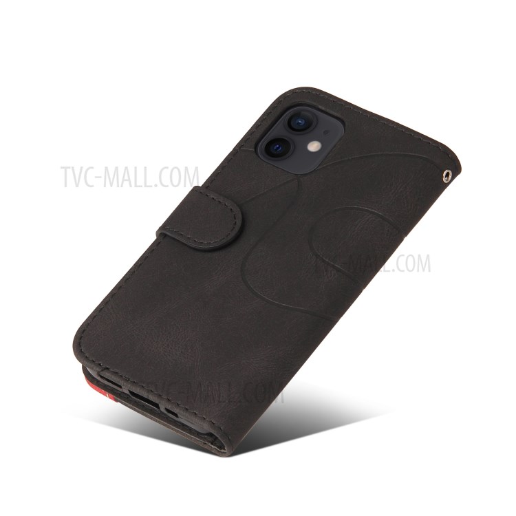 Bi-colour Splicing Style Stand Leather Wallet Case Cover for iPhone 12 Pro - Black-7