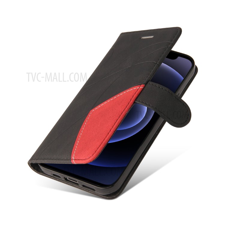 Bi-colour Splicing Style Stand Leather Wallet Case Cover for iPhone 12 Pro - Black-8