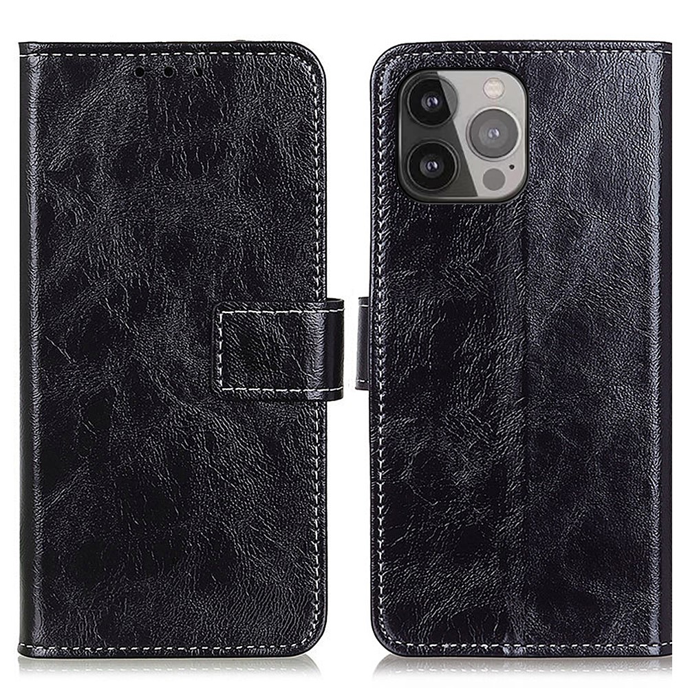 Vintage Style Crazy Horse Texture Wallet PU Leather Phone Cover Stand Case for iPhone 13 Pro Max 6.7 inch - Black-1