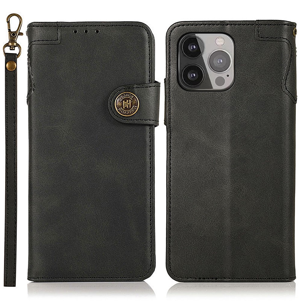 KHAZNEH Drop-Proof Leather Phone Wallet Stand Case Shell with Handy Strap for iPhone 13 Pro Max 6.7 inch - Black-1