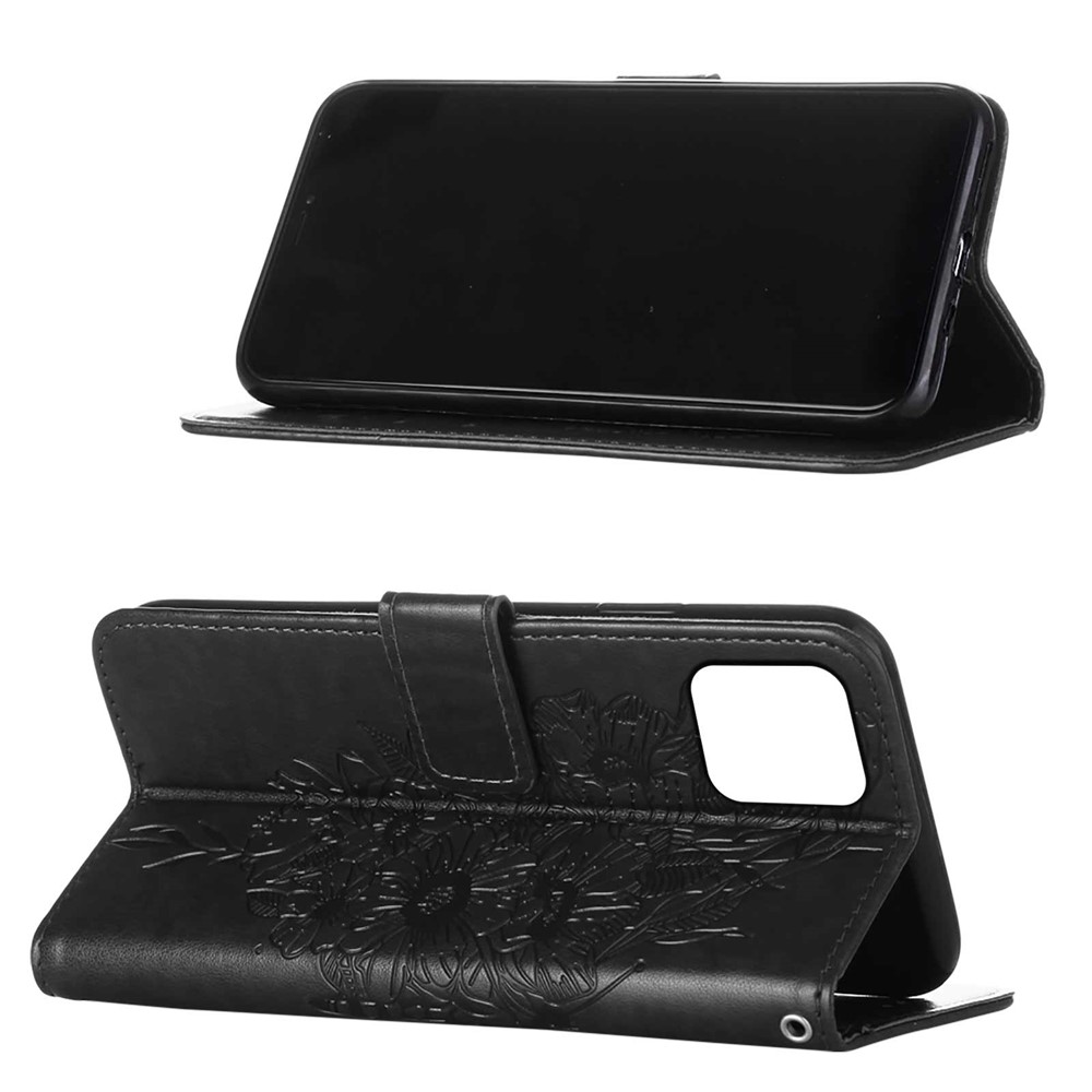 Full Protective Imprint Butterfly Flower Pattern Wallet Stand Leather Phone Case for iPhone 13 Pro 6.1 inch - Black-4