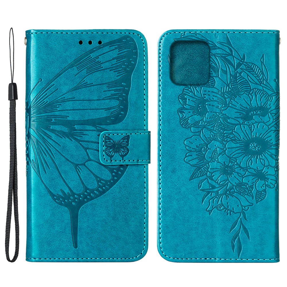 Imprint Butterfly Flower Pattern Well-protected Leather Wallet Phone Case with Stand for iPhone 13 mini 5.4 inch - Blue-1
