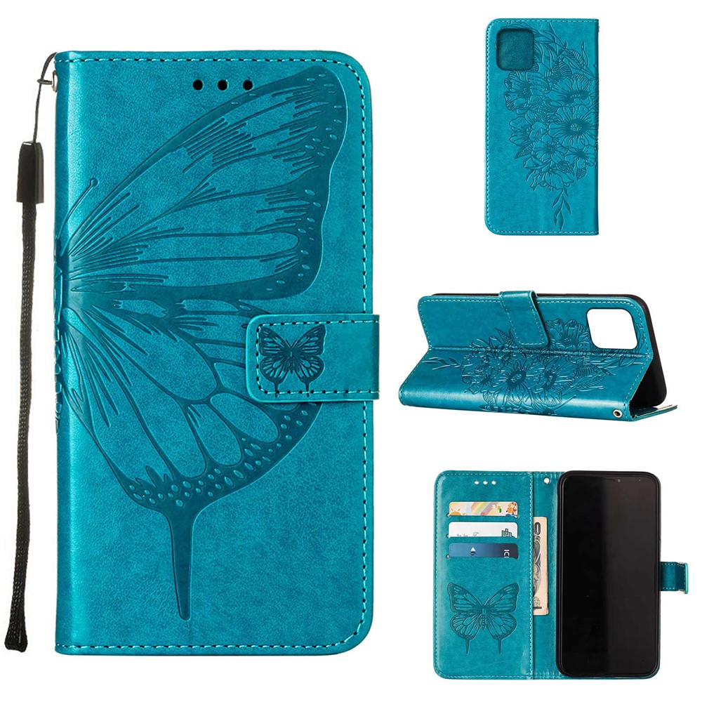 Imprint Butterfly Flower Pattern Well-protected Leather Wallet Phone Case with Stand for iPhone 13 mini 5.4 inch - Blue-10