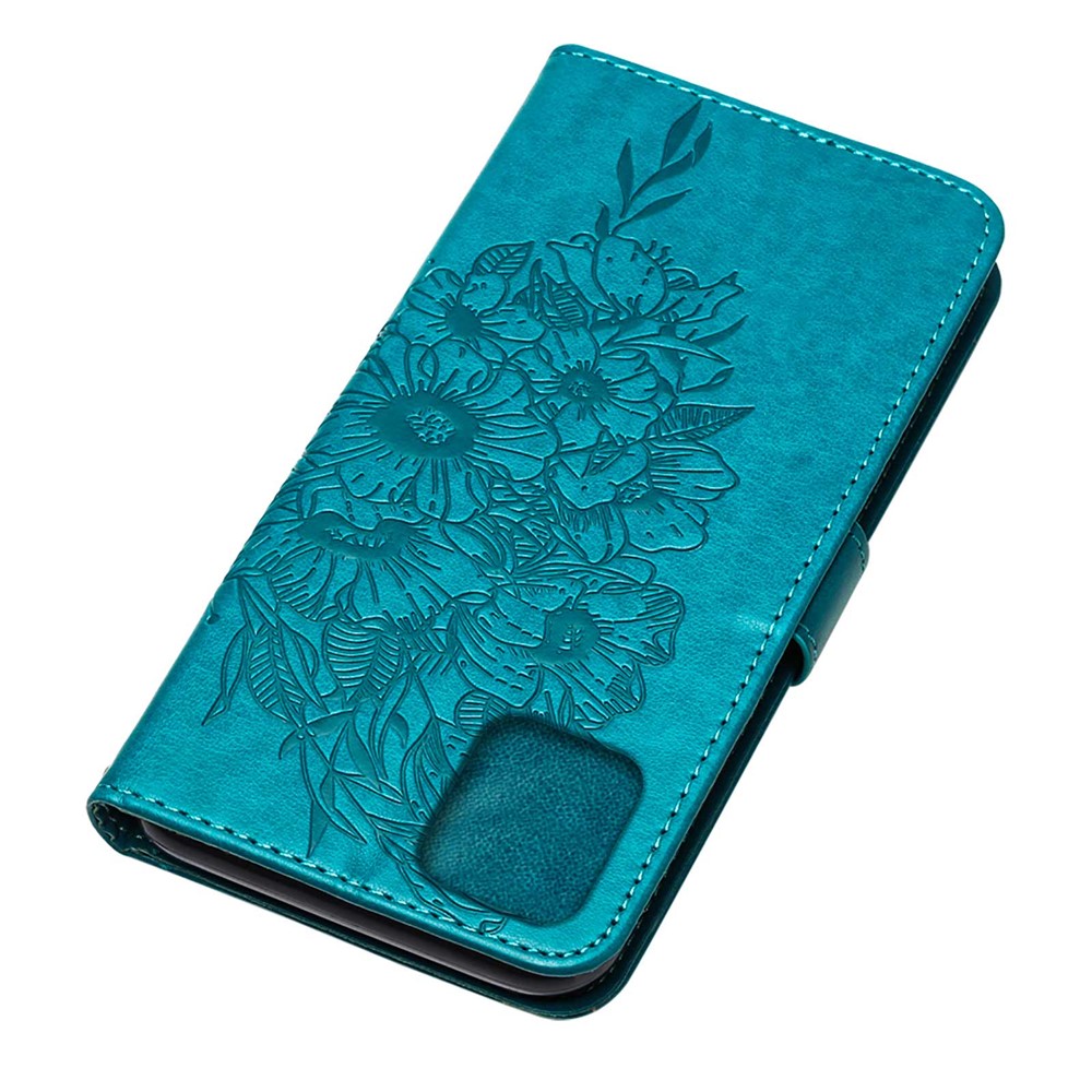Imprint Butterfly Flower Pattern Well-protected Leather Wallet Phone Case with Stand for iPhone 13 mini 5.4 inch - Blue-3