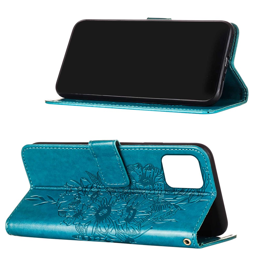 Imprint Butterfly Flower Pattern Well-protected Leather Wallet Phone Case with Stand for iPhone 13 mini 5.4 inch - Blue-4