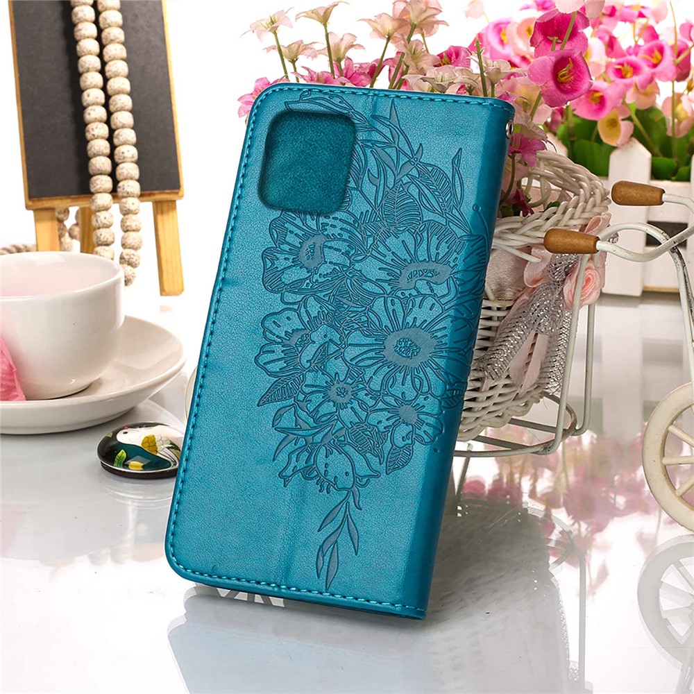 Imprint Butterfly Flower Pattern Well-protected Leather Wallet Phone Case with Stand for iPhone 13 mini 5.4 inch - Blue-7