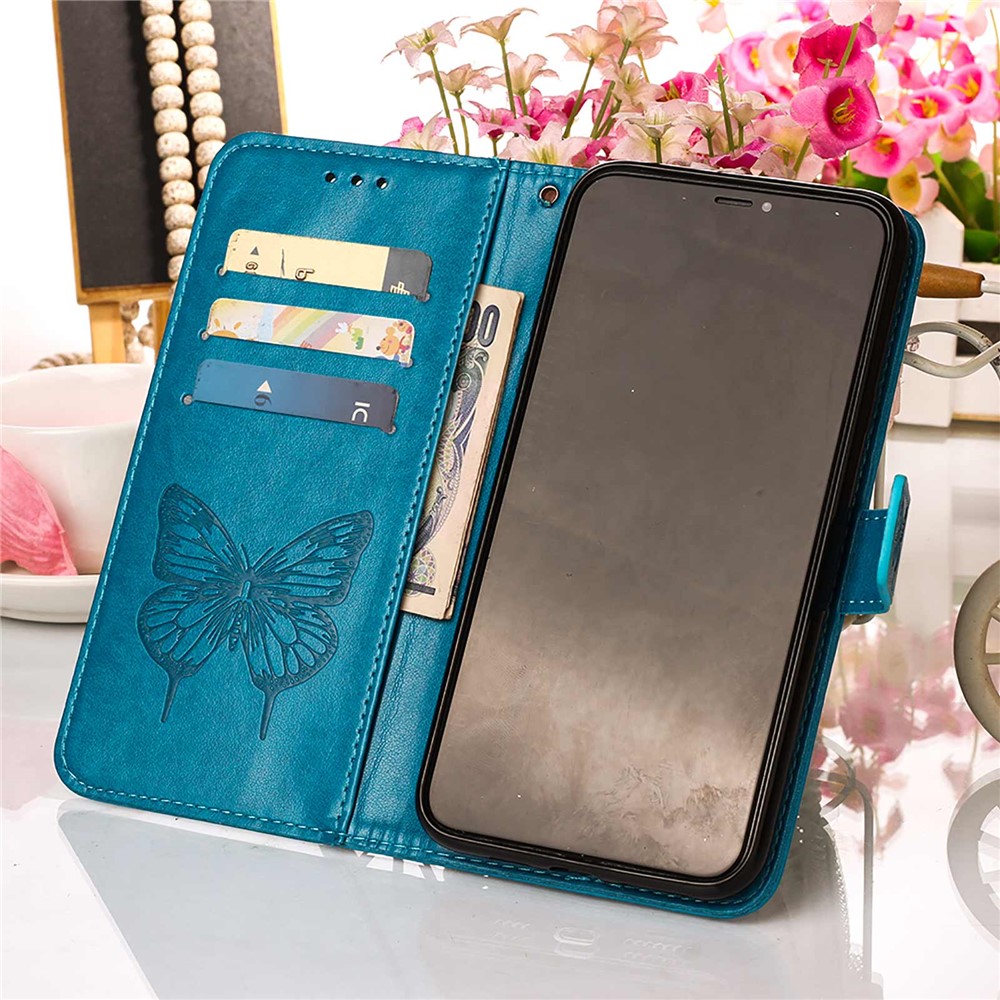 Imprint Butterfly Flower Pattern Well-protected Leather Wallet Phone Case with Stand for iPhone 13 mini 5.4 inch - Blue-8
