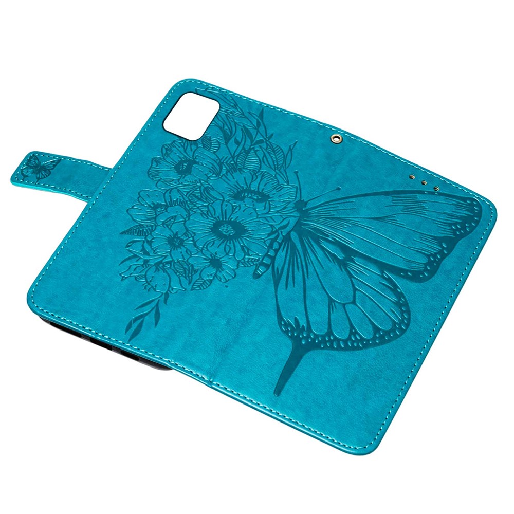 Imprint Butterfly Flower Pattern Well-protected Leather Wallet Phone Case with Stand for iPhone 13 mini 5.4 inch - Blue-9
