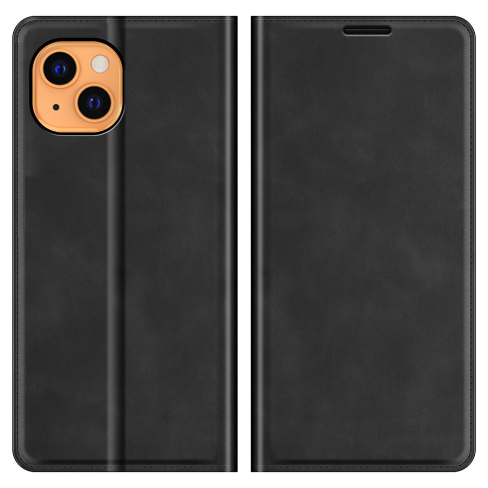 Skin-Touch Wallet Stand Cover Magnetic Auto-absorbed Leather Phone Case for iPhone 13 6.1 inch - Black-1