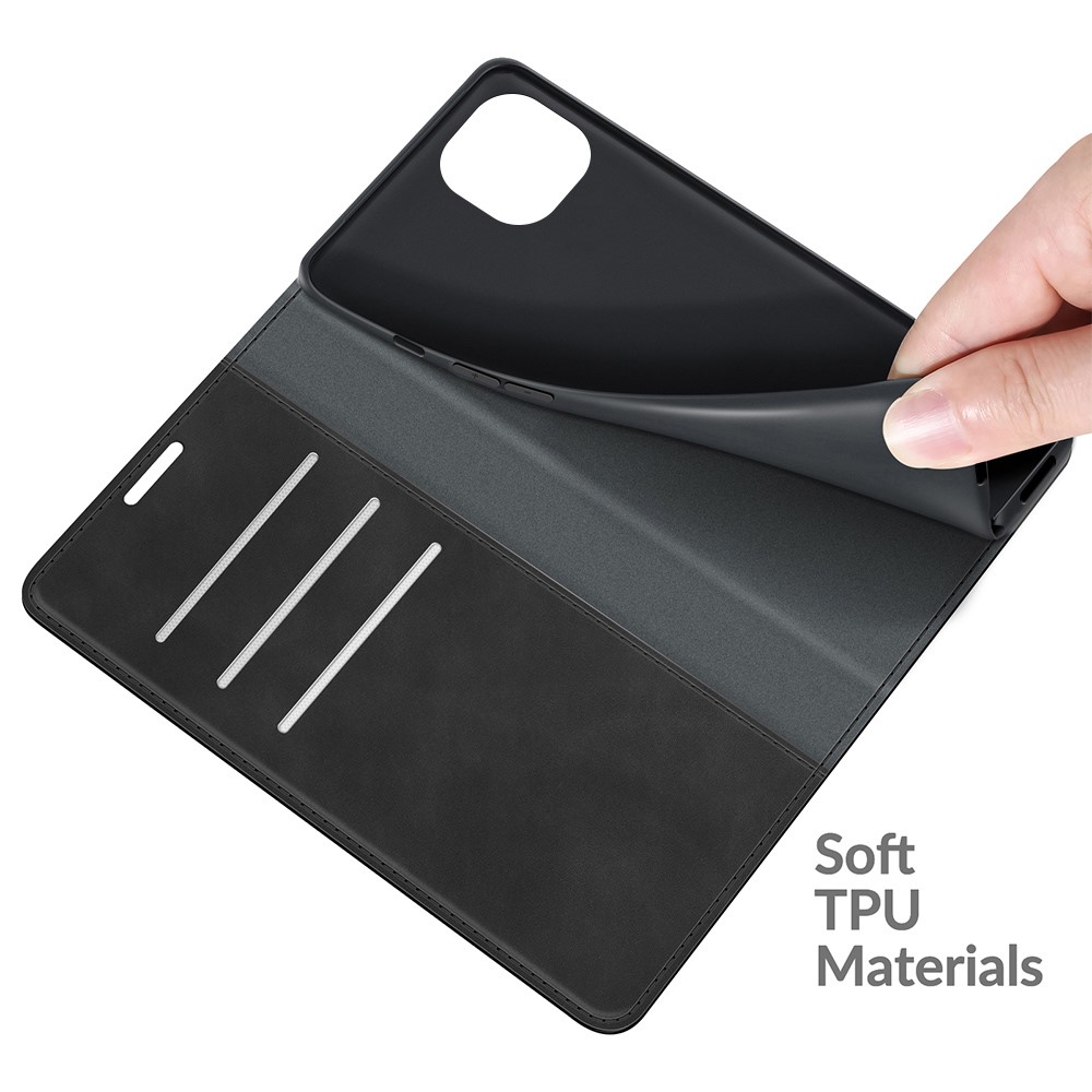 Skin-Touch Wallet Stand Cover Magnetic Auto-absorbed Leather Phone Case for iPhone 13 6.1 inch - Black-4