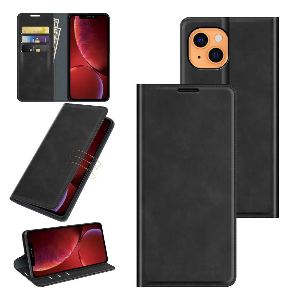 Skin-Touch Wallet Stand Cover Magnetic Auto-absorbed Leather Phone Case for iPhone 13 6.1 inch - Black-8