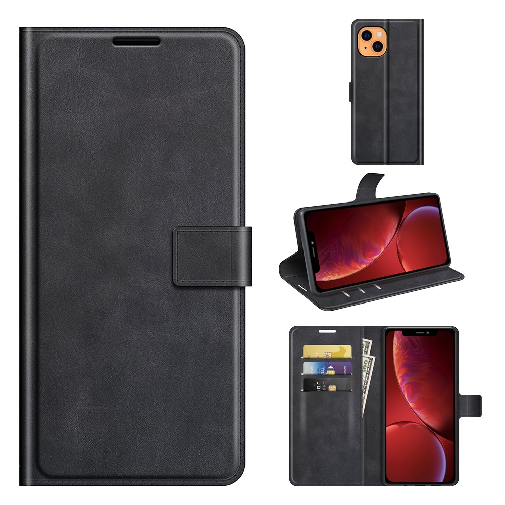 Folio Flip Magnetic Square Clasp Leather Case Protector with Wallet Stand for iPhone 13 6.1 inch - Black-11