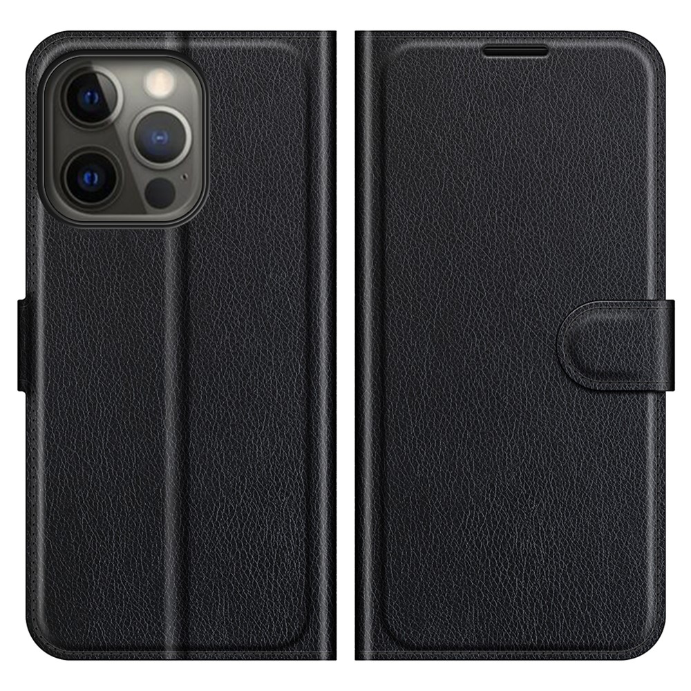 Litchi Texture Wallet Stand Design Folio Flip PU Leather Case Phone Cover for iPhone 13 Pro Max 6.7 inch - Black-1